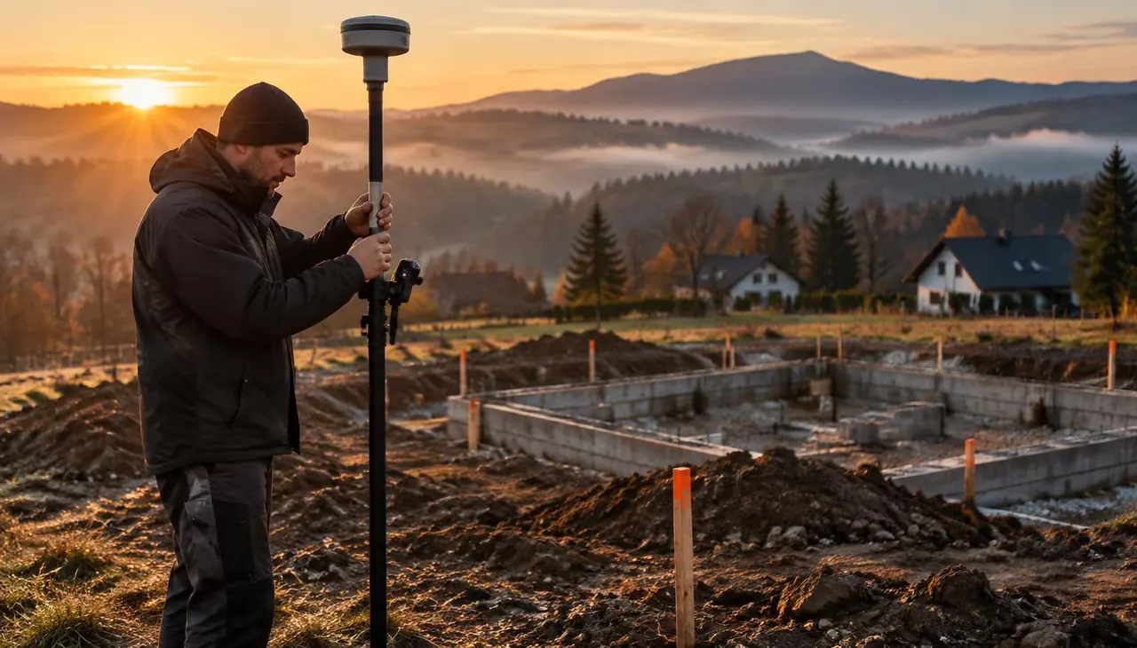 Odbiornik GNSS na tyczce ustawiony na terenie budowy podczas pomiaru sytuacyjno-wysokościowego